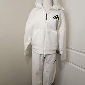 Adidas White Zip Hoodie & Jogger Set with Black Logo